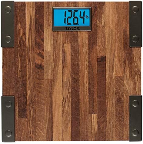 Taylor Digital Scales for Body Weight, Extra High Accurate 440 LB Capacity, Unique Blue LCD, Farmhouse Look, Auto On and OffScale, 12.4 x 12.4 Inches, Brown