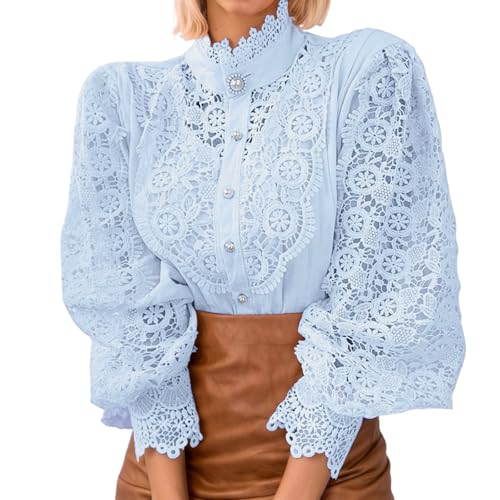 Blusa para mujer, primavera, entretiempo, corte holgado, inusual, tira de botones, encaje, corte láser, flores, aplique, transparente, calado, romántico, diseño ligero, batista de algodón, Estilo/P01