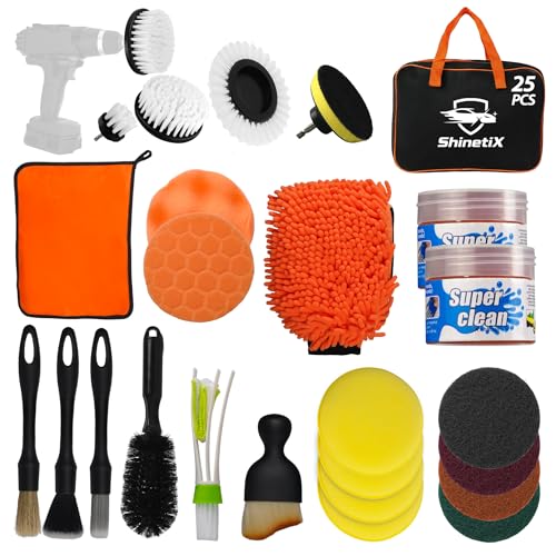 ShinetiX 25 PCS Car Cleaning Kit Car Detailing Kit with Drill Brushes Interior Detailing Brushes Car Cleaning Gel Wash Mitt & Towel Complete Car Wash Kit for Interior & Exterior
