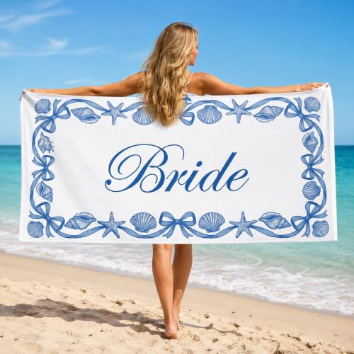 Lumina Garden Coastal Bride Beach Towel for Bachelorette Party Decor Coquette Blue Bow Seashell Ocean Beach Towel for Bride to Be Bridal Shower Gift 30 x 60 Inch Quick Dry Sand Free Blanket