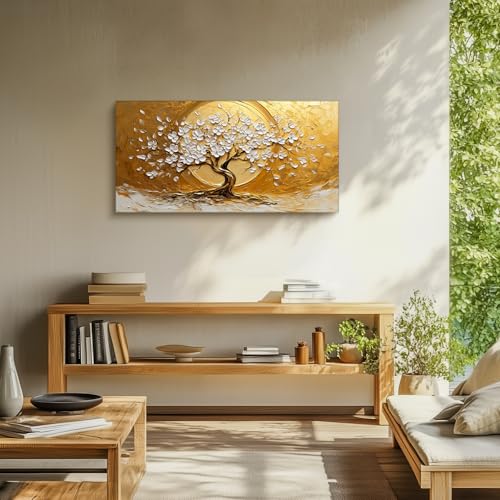SERIMINO Tree of Life Large Wall Art, Gold Tree Nature-Inspired Abstract Art Prints, Blooming Flowers Canvas Painting, Sun Modern Wall Decor Living Room Bedroom Home Office Ready to Hang 20"X40"