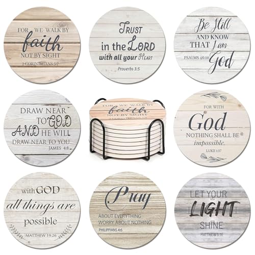 VAIGU:OA Posavasos redondos de cerámica cristianos con versículos de la Biblia, 8 unidades, 10.3cm, rojos