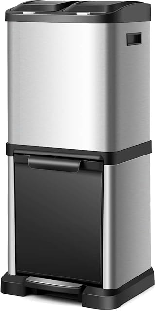 COSTWAY Recycling Pedal Bin for Kitchen Waste, Vertical Waste Separation System, 3 Recycle Compartments, 32L Rubbish Capacity Stainless Steel Trash Garbage Can