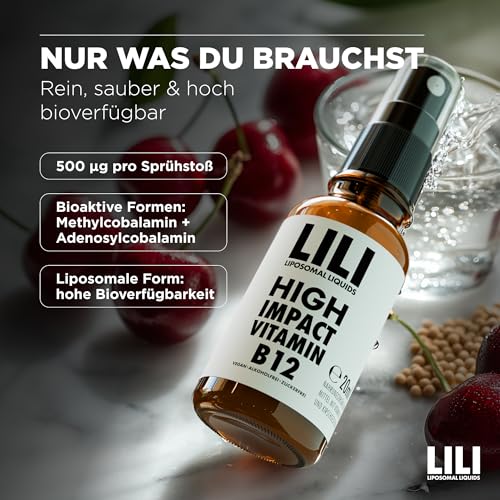 High Impact Vitamin B12 Spray I Liposomales Liquid mit 500 µg pro Sprühstoß I Bioaktive Formen Methylcobalamin + Adenosylcobalamin I Hochdosiert I 160 Sprühstöße I vegan, alkoholfrei & zuckerfrei