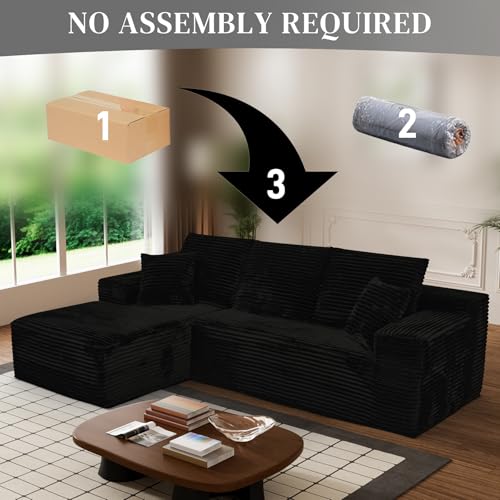 Image of 108 inch Boneless Couches for Living Room, L Shaped Comfy Cloud Modular Sectional Memory Foam Deep Seat Boneless Couch, No Assembly Required Corduroy Sofa for Living Room with Left Facing Chaise, Black