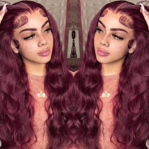 99j Burgundy Lace Front Wigs Human Hair Pre Plucked 13x6 Lace Frontal Human Hair Wigs for Black Women Body Wave Glueless Human Hair Wig 180% Density Pre Plucked Bleached Knots with Baby Hair （20 Inch）
