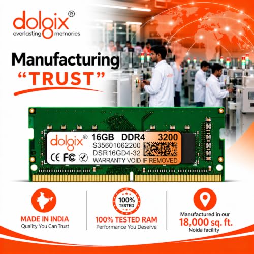 Image of Dolgix 16GB DDR4 3200MHz Laptop /Notebook RAM (Memory) SO-DIMM | PC4-25600 | Pin-260 | 1Rx8 Single Rank | CL-22 | 3 Year Warranty (Made in India)