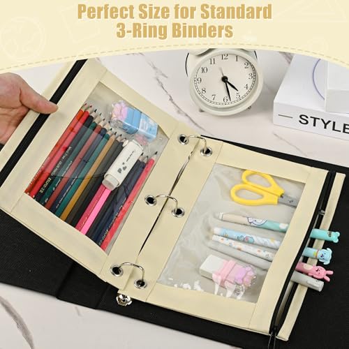 Image of Lanpn Pencil Pouch for 3 Ring Binder 6 Pack, Aesthetic Binder Pen Bags with Zipper, 3 Holes Pencil Pouches Organizer for Boy Girl Kids School Student, Reinforced Grommets & Clear Window, Beige