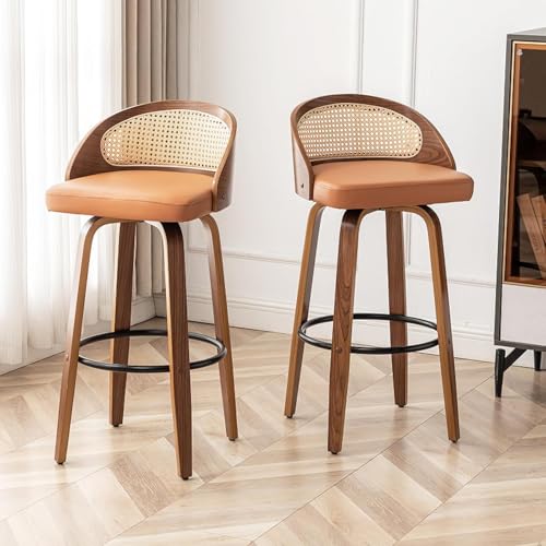 Image of 30 inch Swivel Rattan Bar Stools Set of 3 Mid-Century Modern Faux Leather Upholstered Bar Height Stools Kitchen Island Barstool with Rattan Low Backrest,Walnut Wood Finish Bar Chairs,Orange PU