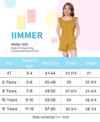 Iimmer Little Girls Ruffle Trim Yellow Summer Casual Holiday Shorts Jumpsuit Swiss Dot Trendy Suqre Neck Off Shoulder Romper With Pocket Size 9-10 Years #TOP6