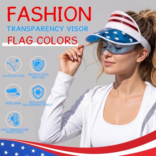Image of Vabean American Flag Visor 4th of July Hat UV Protection Plastic Patriotic USA Visor Cap for Women Men Beach Accessories