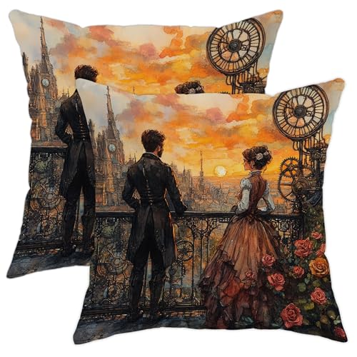 Sunset Steampunk Pillow Covers Set of 2, Vintage Industrial Decorative Throw Pillows Case, Artistic Home Sofa Bed Couch Accents for Fall Decor 18x18 Inch