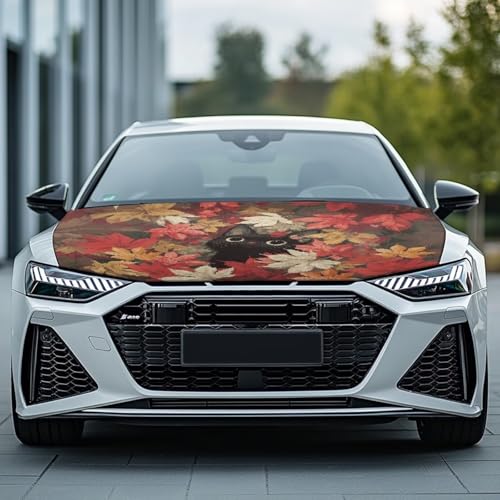 Image of Maple Leaf Cat Car Hood Cover All Weather Protection Auto Exterior Accessories Universal Fit Hood Covers for Cars, Trucks, SUV, or Van Full Coverage Thanksgiving Decor