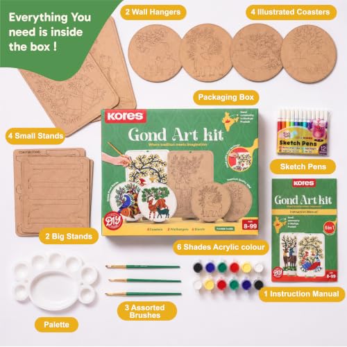 Image of Kores Gond Art Kit for Kids | DIY Indian Folk Art Painting Kit | 4 Illustrated Coasters + 2 Wall Hangers + Stands | Acrylic Colours, Sketch Pens, Brushes & Manual |