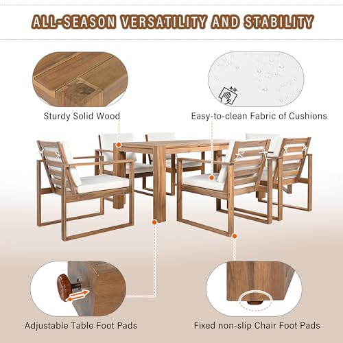 Image of Outdoor Patio Dining Table and Chairs Set for 6, 7 PCS Patio Furniture Set | Outdoor Dining Set for 6 with Umbrella Hole, Wood Frame with Removable Cushion for Garden, Backyard, Lawn and Poolside