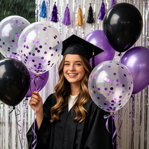 Image of 100pcs Purple Confetti Balloons 12 Inch Clear Latex Balloon with Purple Confetti Inside for Balloon Garland or Arch Birthday Anniversary Graduation Engagement Wedding Party Decorations