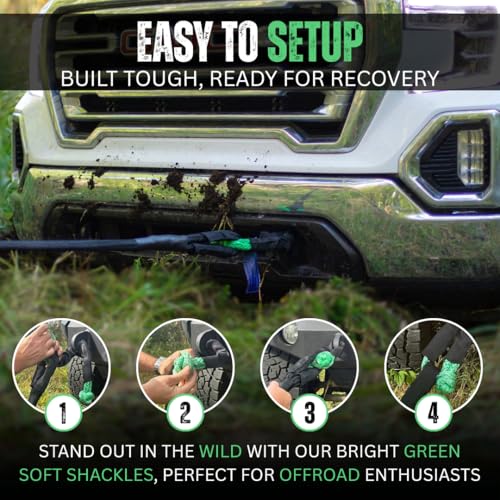 Image of Soft Shackle 2 Pack - inch x 22 inch Off-Road Recovery Kit with Tow Straps & Tow Hooks - 38,000 lb Break Strength - Heavy Duty Synthetic Rope Outdoor Enthusiasts - US Vet Owned, Green