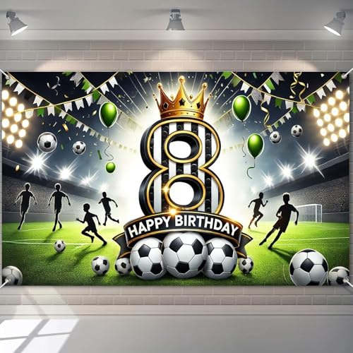 BlissYard Happy 8th Birthday Soccer Party Banner Stadium Field Backdrop Decor for Eighth Birthday Celebration Green Gold Crown Number Eight Photo Booth Prop Polyester Fabric Sports Theme Event by BlissYard - Used condition - US$11.68