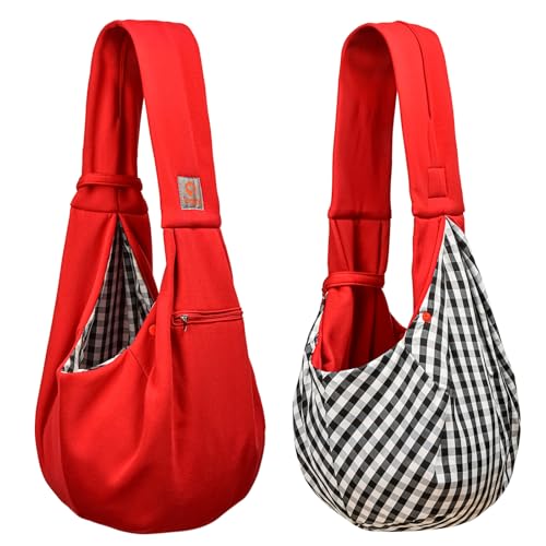 Image of Tomkas Small Dog Cat Sling Carrier Puppy Purse Travel Wrap Soft Crossbody Pet Bag (Red, M - Zip Pocket & Classic Strap)