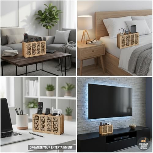 Image of Wooden Remote Holder for Table - 4 Slot Remote Organizer Caddy | Decorative Laser Cut TV Remote Control Storage Stand for Coffee Table, Living Room & Office | 7 x 5 x 2.5 Inches