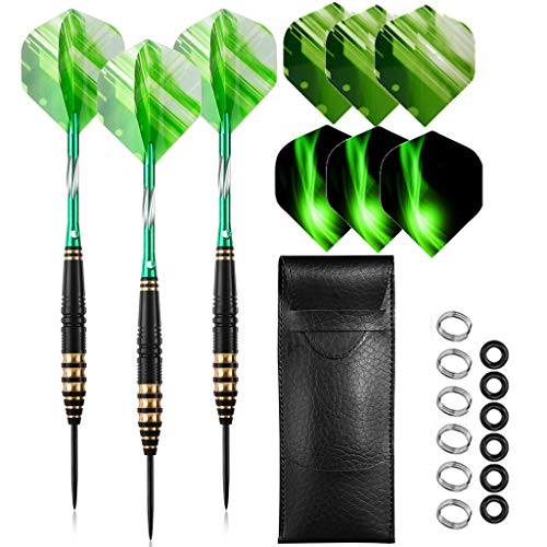 Haosell Lot de 3 fléchettes Professionnelles en Acier Vert/Noir - 23 g - Fléchettes Professionnelles avec étui en polyuréthane Noir avec 9 ailettes Cover