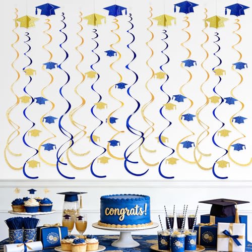 Image of 24Pcs Royal Blue Gold Graduation Grad Cap Hanging Felt Swirl Streamer Spiral Ceiling Garland for Class of 2026 Congrats Grad You Did It We are So Proud of You I'm Done Themed Party Decoration Supplies