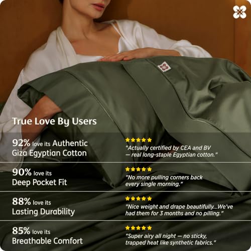 Image of Bedsure PureWoven 100% Giza Egyptian Cotton Queen Sheet, CEA & BV Certified | 18 inch Deep Pocket Sateen Sheets with Corner Straps, Durable & All-Season Breathable, Hotel Luxury, Oeko-Tex, Olive Green