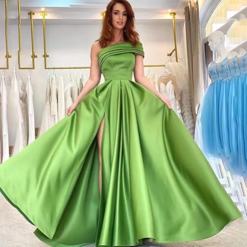Everlong One Shoulder Prom Dress Long Bridesmaid Dresses with Pockets Ruched Satin Evening Formal Gowns with Slit EL0133