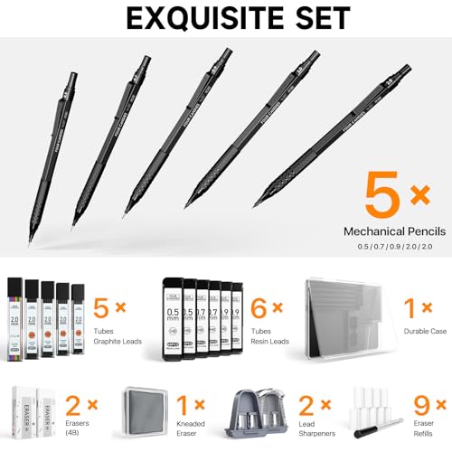 Image of Four Candies Metal Mechanical Pencil Set, 3PCS Art Drafting Pencils 0.5, 0.7, 0.9MM & 2PCS 2MM Mechanical Drawing Pencils with 420PCS Leads (4B 2B HB 2H Color) for Writing Sketching Drawing (Black)