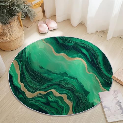 Genérico Alfombra Redonda Antideslizante 90 cm, Abstracto Lujo Malaquita Tema Alfombra Redonda para Dormitorio Habitación De Los Niños, Lavable Franela Alfombras Decorativa Verde