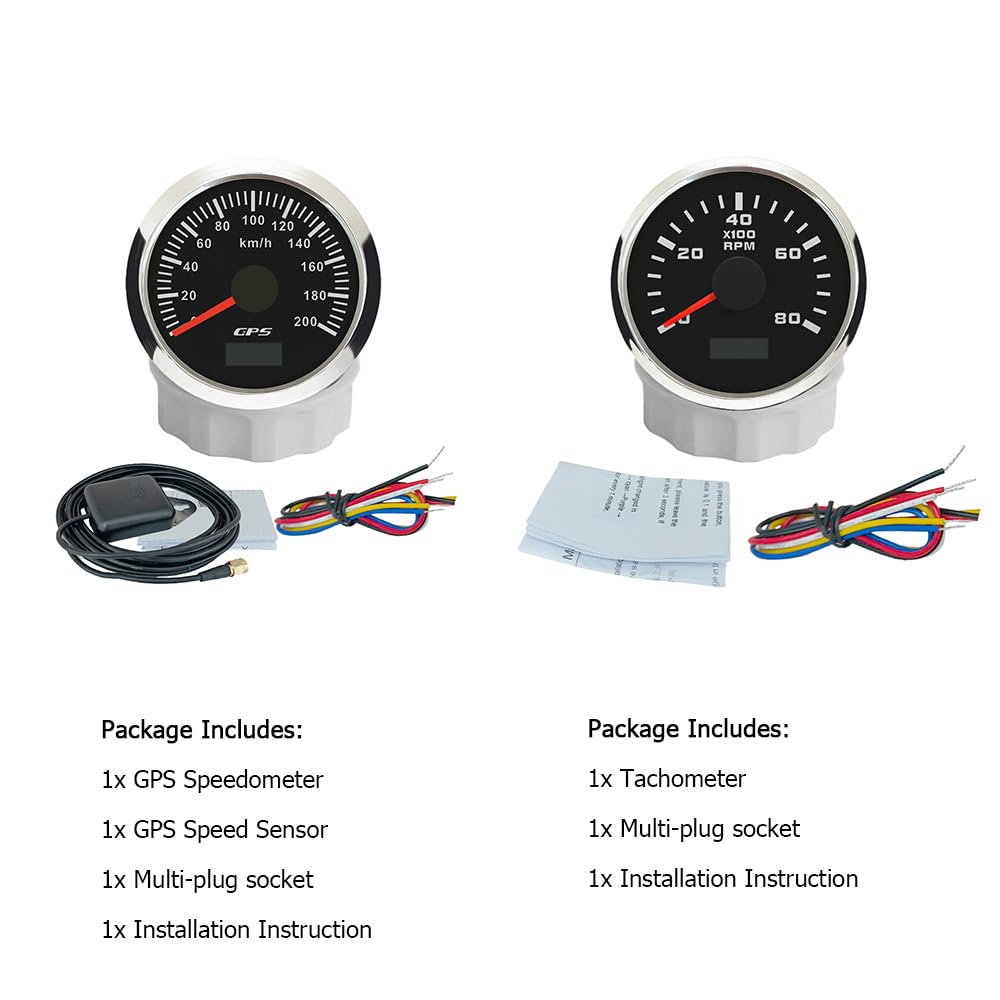ELING Compteur kilométrique GPS 52 mm 0-200 km/h avec 0-8000 tr/min Compte-tours 12 V 24 V avec rétroéclairage pour course de voiture, camping-car