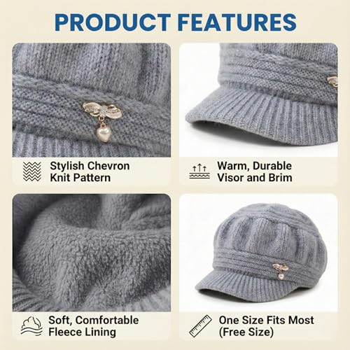 Image of Kraptick Women's Winter Knit Visor Beanie Hat with Soft Fleece Lining, Stylish Woollen Slouchy Warm Cap for Ladies, Snow Sun Shield Knit Cap for Winter -2