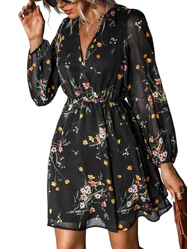 CUPSHE Damen Kleid V Ausschnitt Wickeloptik Transparente Lange Ärmel Freizeitkleider Wrap Mini Dress