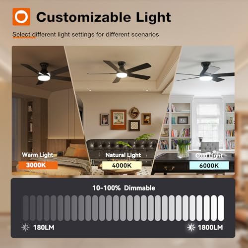 addlon Ceiling Fans with Lights, 52 inch Low Profile Ceiling fan with Light and Remote Control, Flush Mount, Reversible, 3CCT, Dimmable, Noiseless, Black Ceiling Fan for Bedroom, Indoor/Outdoor Use thumbnail 7