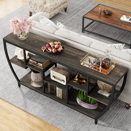 Image of Tribesigns 70.9 Inch Long Sofa Table with Shelves, Rustic Console Table with Storage, Industrial Entryway Table TV Stand, Behind Couch Table Accent Tables for Living Room, Hallway, Foyer, Dark Grey