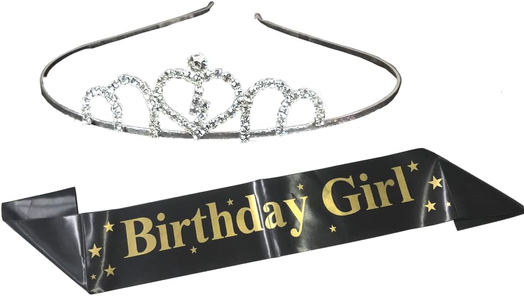 Curated Cart Heart Crown Silver Plated with Black Birthday Girl Sash - Birthday Girl in Gold Text | Accessories for Girls, Teens, and Women | Gift and Party Decorations