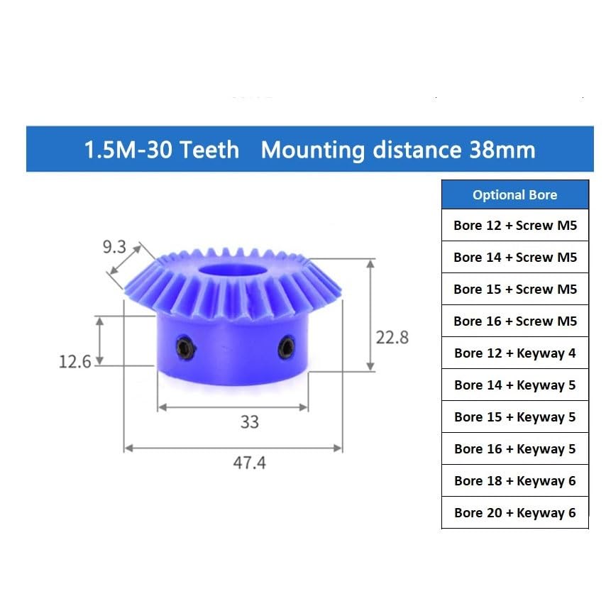 Cylindrical Drive 1pc 1:1 Transmission Ratio Bevel Gear 1.5 Module 30 Teeth 90 Degree Meshing Conical Miter Pinion 1.5M 30T Blue Nylon Gear Rack Machinery(12mm bore 4mm Keyway)