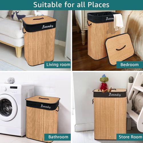 Image of LUXE HOME INTERNATIONAL Rectangle Bamboo Laundry Basket with Lid | Eco-Friendly, Foldable & Lightweight Organizer (Natural, 40x30x60 cm, Pack of 1)