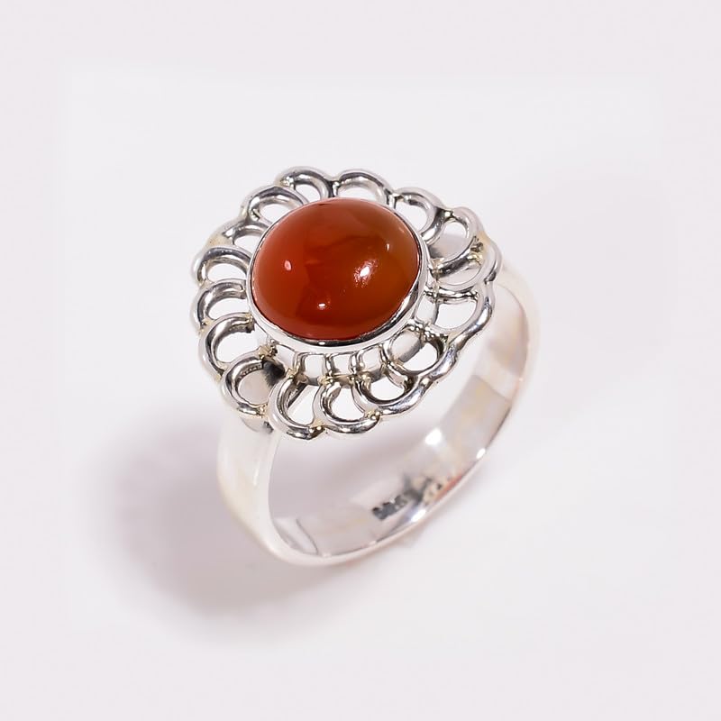 Bague argent 925 véritable et cornaline ronde style ethnique - 2