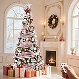 6Ft Pre-lit Pop Up Christmas Tree with Remote, Collapsible Artificial Xmas Tree with Ornaments, Pre Decorated with 150 Warm Lights & Ribbons, Red Berry Stems, Christmas Holiday Party Decor for Home
