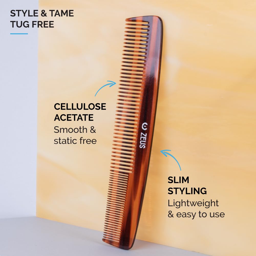 Peine grande de barba y bigote de 7.5 pulgadas, peine de corte sierra hecho a mano para el aseo de los hombres, antiestático, acabado ultra suave para un estilo sin enganches (concha de tortuga 2