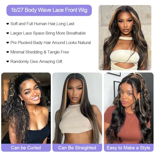 13x6 1b/27 Highlight Ombre Balayage Lace Front Wigs Human Hair Black and Blonde Body Wave HD Transparent Lace Frontal Wig Pre Plucked with Baby Hair for Black Women 180% Density Wig 34 Inch