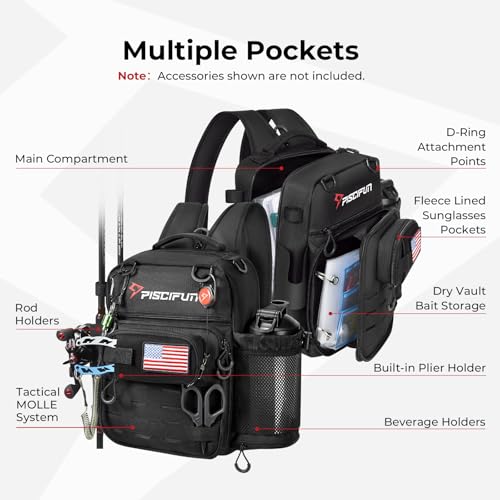 Image of Piscifun Fishing Tackle Backpack, 3-Way Carry with Rod Holders | 16 smart pockets, 2 rod holders, Rain cover, Breathable back support, Convertible sling /waist /backpack carry