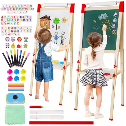 Caballete Pintura niños con Rollo Papel 3 en 1 Pizarra Infantil de Doble Cara Caballete de Arte de Altura Ajustable con Accesorios