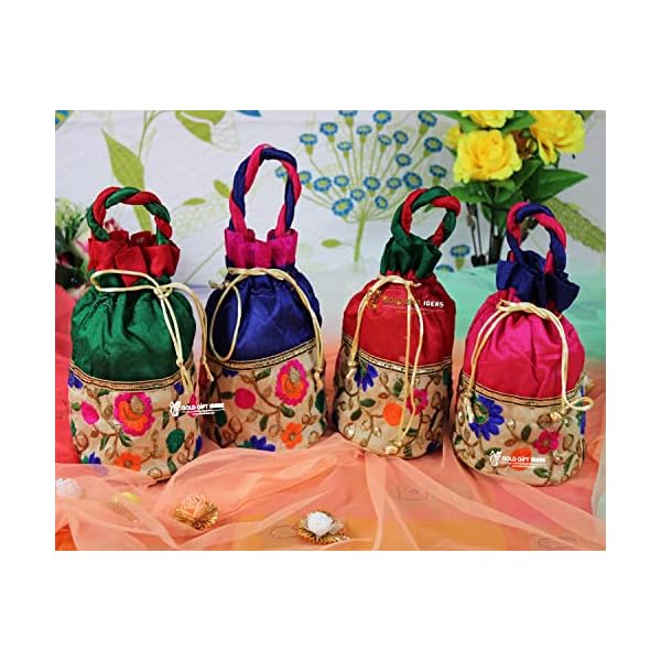 GoldGiftIdeas Silk Embroidered Potli Bags for Women, Potli Pouches for Party, Potli Bags for Return Gifts, Elegant Potli Bags for Ladies (Set of 4) - Image 5