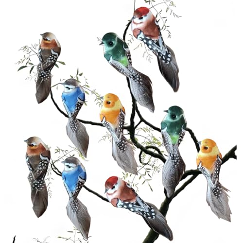 GIONAR 10 Pcs Oiseaux Decoratifs Simfaux, Clips Inclus, Oiseaux Decoratifs Exterieur, Décoration de Noël Jardin Arbres, Multicolores Plumes, 3D Ornement,...