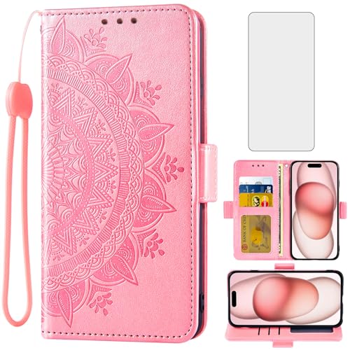 Coque iPhone 15 avec protège-écran verre trempé et étui portefeuille à rabat porte-carte