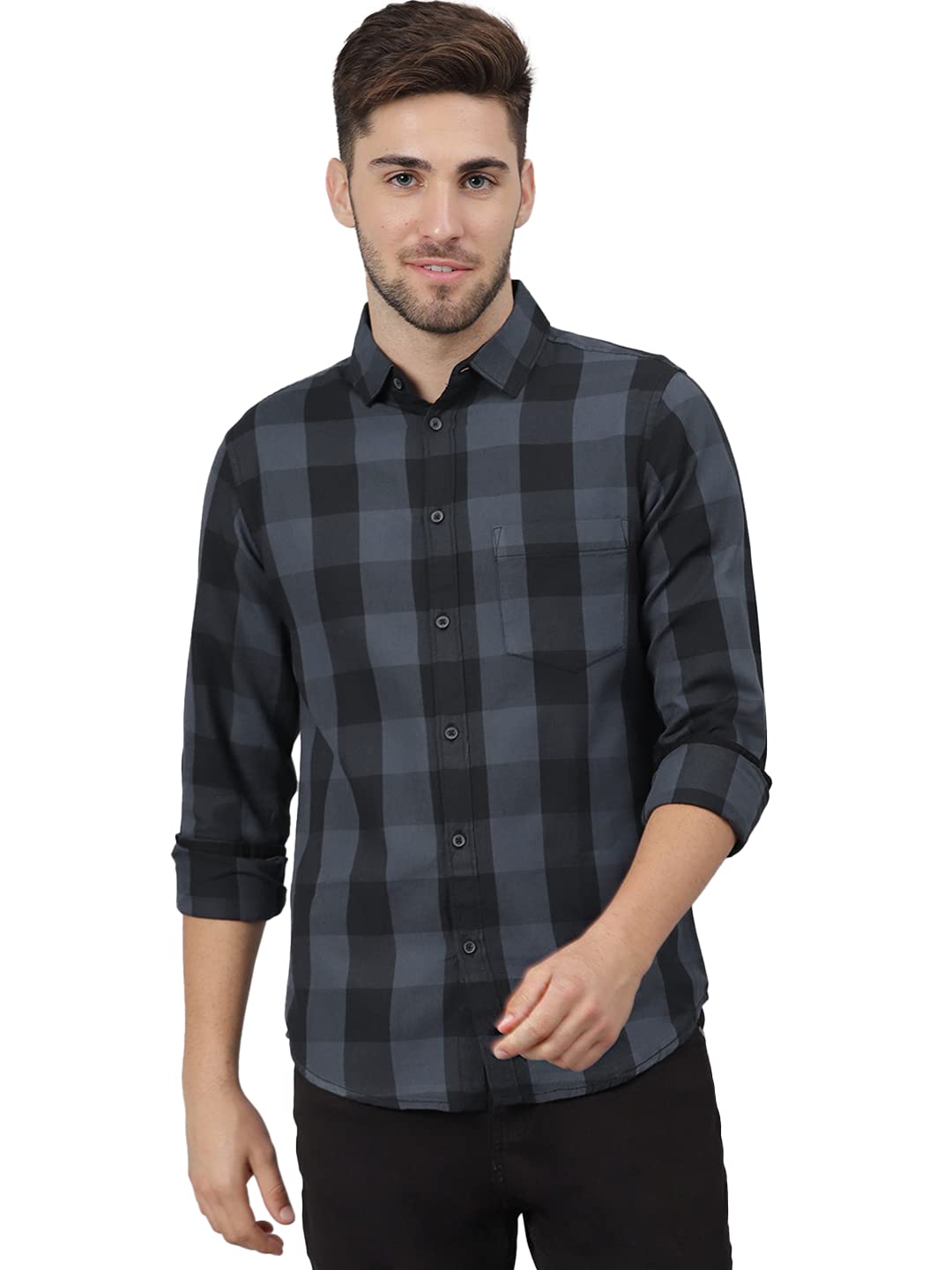 Dennis Lingo Men's Cotton Buffalo Check Slim Fit Casual Shirt with Pocket, Full Sleeve Shirt for Formal & Casual Wear (Also Available in Plus Size)
