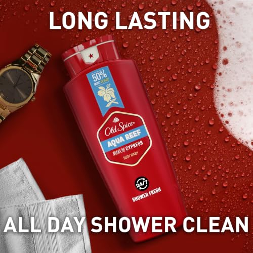 Image of Old Spice Refreshing Body Wash for Men, 3X Defense, 24 /7 Shower Fresh with Long Lasting Scent, Red Collection, Aqua Reef with Cypress Scent, 24 oz