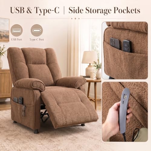 Image of Electric Recliner Chair, 90 to 160 Adjustment with Remote, Brown | Recliner Sofa with USB & Type C Charging, Chenille Upholstery and Side Storage Pocket, Zero Gravity Home Theater Seating
